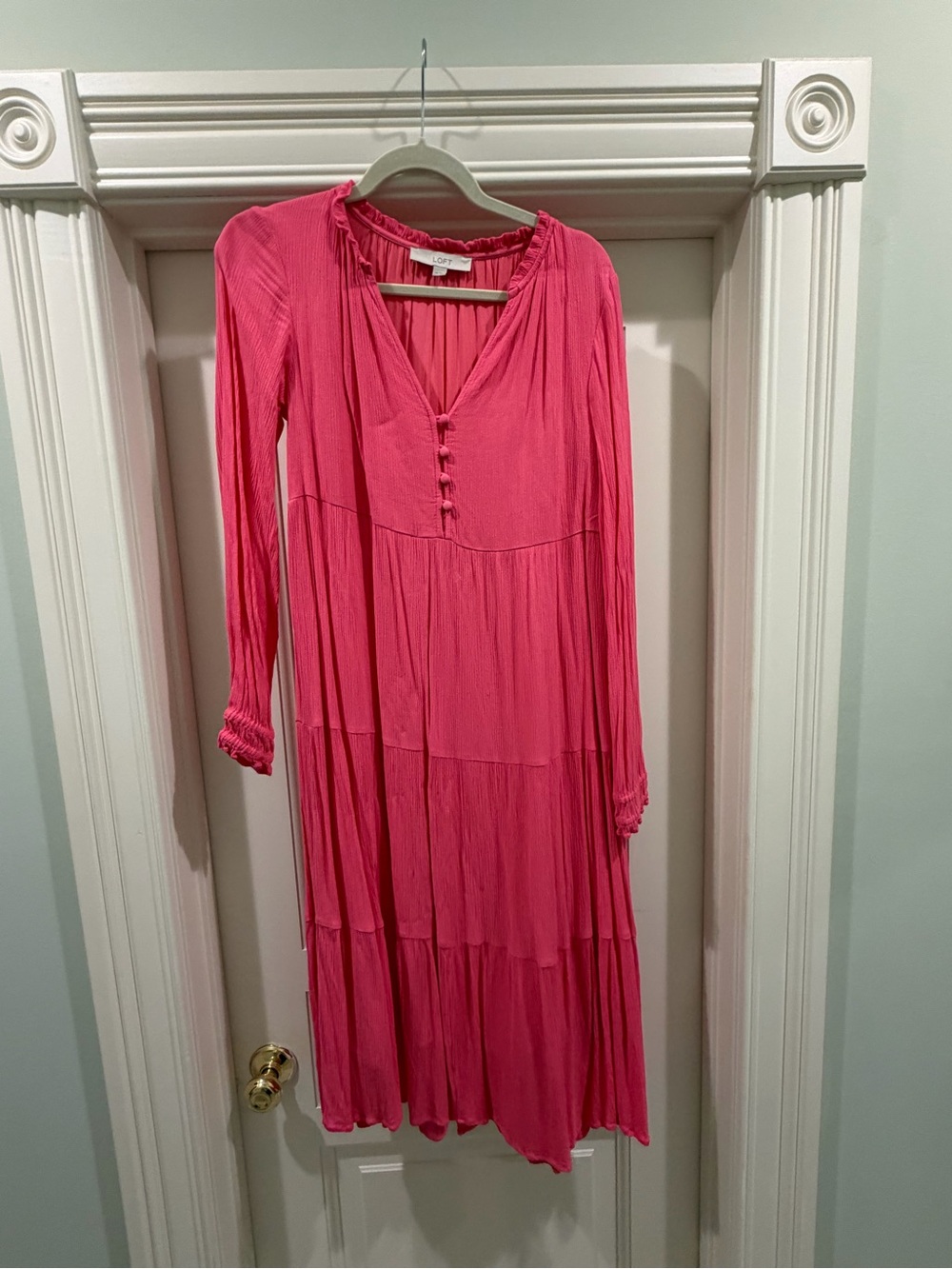 LOFT Hot Pink Tiered Midi Dress Long Sleeve Button Back XS